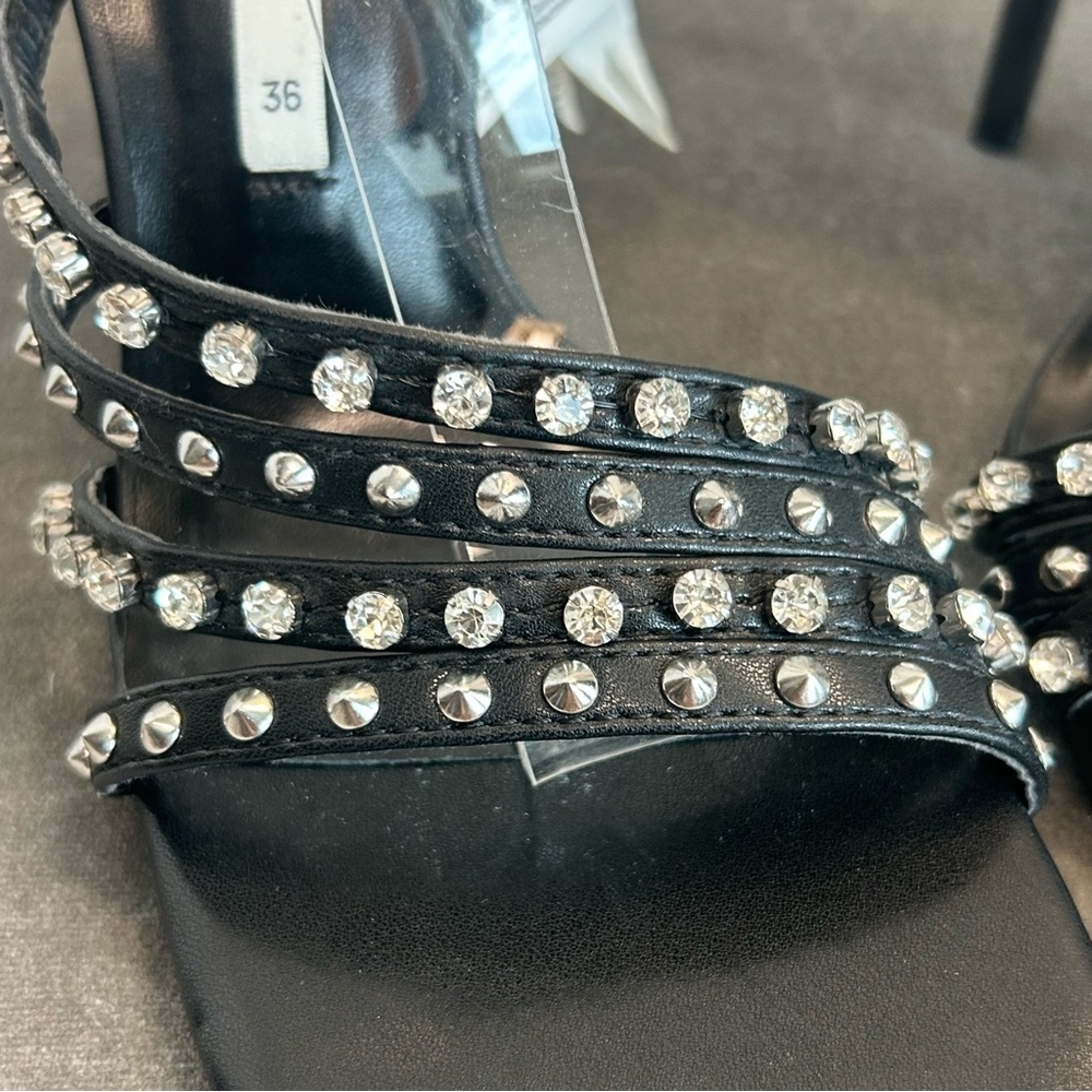 Zara black strappy crystal rhinestone studded embellished sandal high heel Sz 6 - Picture 7 of 12